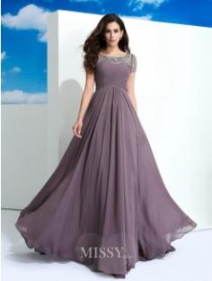 A-Line/Princess Sheer Neck Short Sleeves Beading Floor-Length Chiffon Dresses