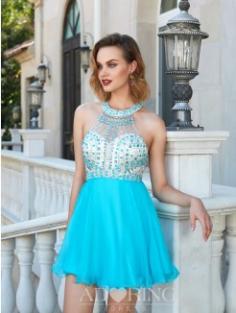 A-Line/Princess Halter Beading Sleeveless Chiffon Short/Mini Dresses