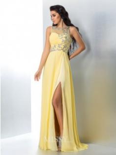 A-Line/Princess Sleeveless Sheer Neck Beading Chiffon Sweep/Brush Train Gown