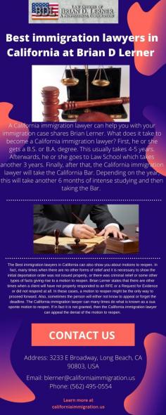 If you apply for a visa and immigration without sufficient knowledge and information, you may face problems and not achieve the desired result. One of the benefits of getting advice and choosing a Best immigration lawyers in California in the field of immigration is a thorough review of the applicants' case from a legal perspective and a solution that suits the situation. The California immigration lawyer will also discuss the possibility of the EB-4 petitions which cover different types of petitions such as battered spouses or religious worker petitions shares Brian D. Lerner. 
For more info visit here: https://californiaimmigration.us/