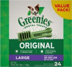 Maintaining your dogs total oral health is incredibly important for its overall wellness, and can actually add years to its lifespan! Feeding one Greenies Dental Chew a day uses your dogs natural chewing action to scrape away plaque and tartar buildup, keeping teeth clean. They're made of highly soluble ingredients, allowing them to break down rapidly for easy digestion. This makes them even easier to digest than premium dry dog food!