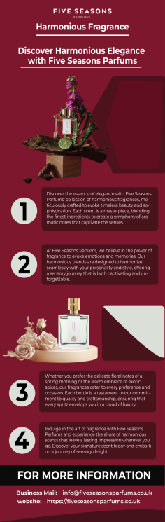 Find Your Inner Peace with Harmonious Fragrance by Five Seasons Parfums

Experience the essence of tranquility with Five Seasons Parfums' latest creation. Our harmonious fragrance is meticulously crafted to bring you a sense of calm and balance. With its enchanting blend of floral and woody notes, this scent is perfect for those seeking relaxation and inner peace. Let the soothing aroma envelop you and elevate your everyday moments. Discover the blissful experience of our harmonious fragrance today.