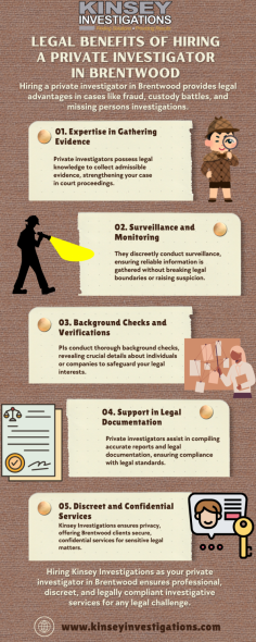 If you are facing a child custody battle, Kinsey Investigations can help as your dedicated private investigator in Brentwood. Our skilled team gathers critical evidence to support your case, ensuring your child's safety and well-being. We conduct discreet surveillance and document findings, providing you with the information necessary to make informed decisions during this challenging time.