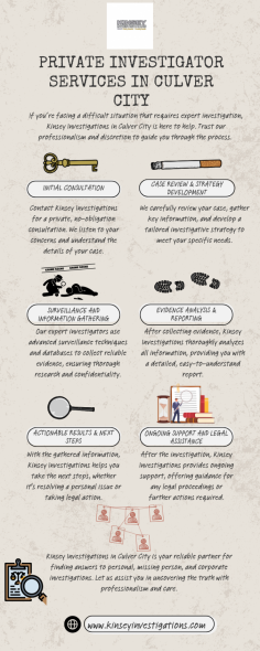 If you're searching for a corporate private investigator in Culver City, Kinsey Investigations specializes in uncovering business-related fraud, employee misconduct, and other corporate issues. Our team also provides thorough background check private investigator services for vetting potential employees or business partners. We offer affordable rates based on the complexity of the case. We also answer common questions like how long does it takes for a private investigator to find someone.